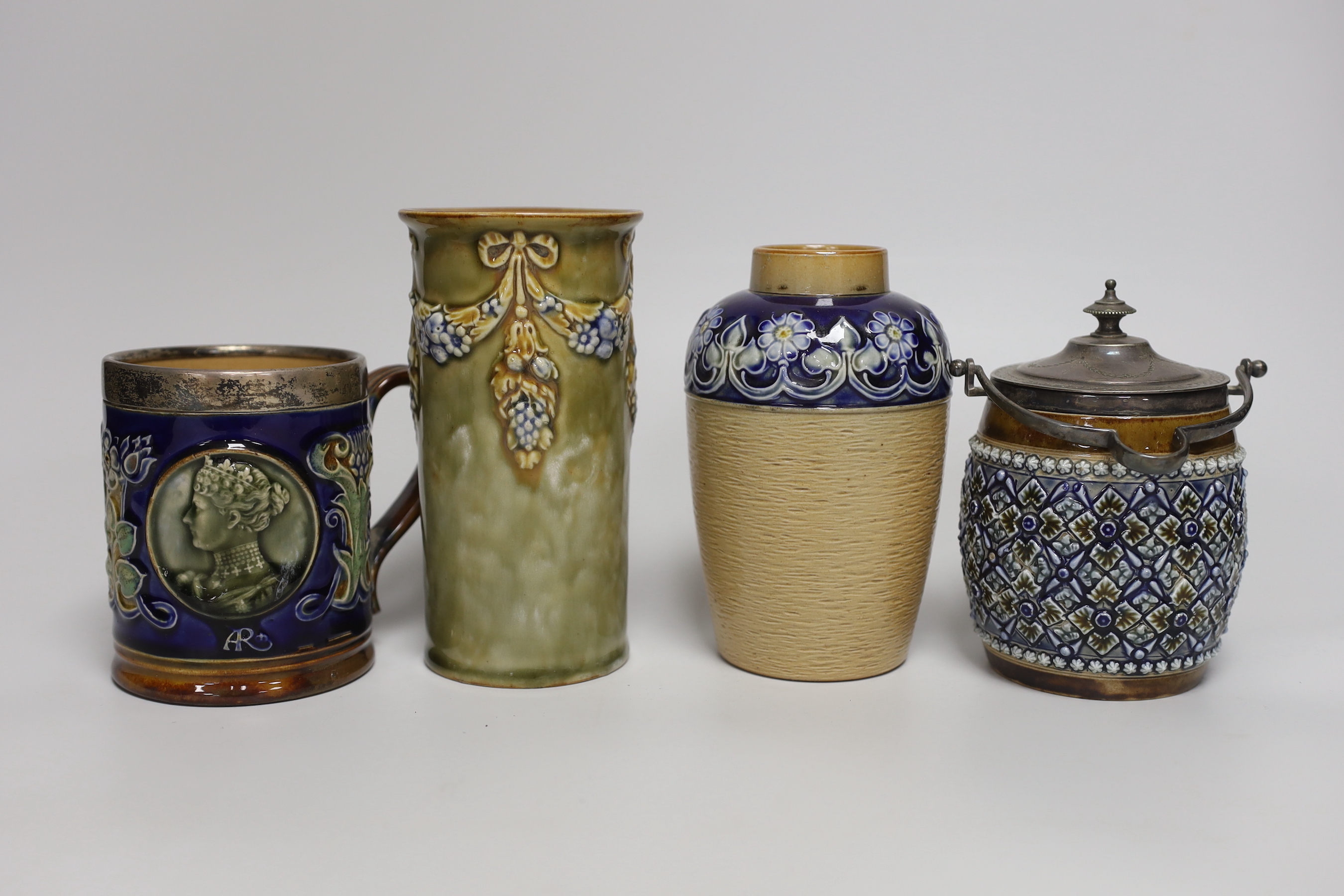 A Doulton Lambeth stoneware silver mounted jar and cover, two vases and a commemorative mug, tallest 15cm